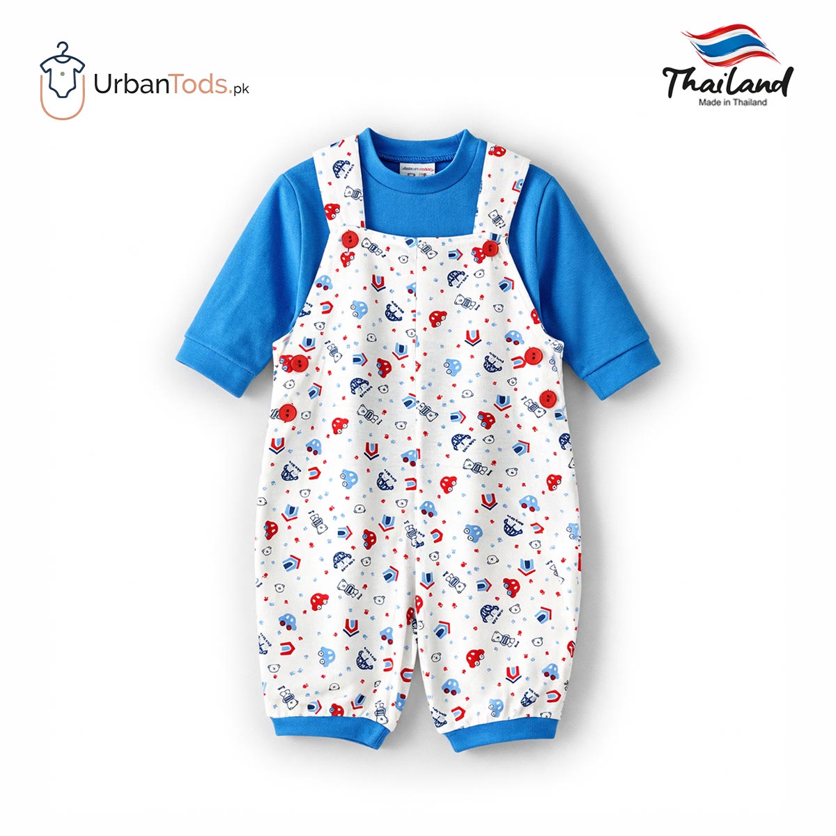 KIDS PREMIUM BLUE CAR PRINT 2 PCS DUNGAREE SET
