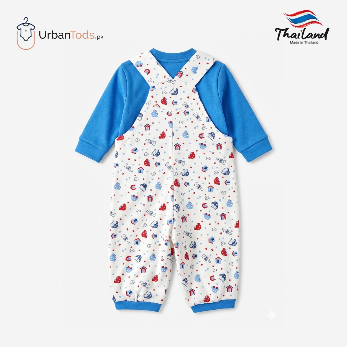 KIDS PREMIUM BLUE CAR PRINT 2 PCS DUNGAREE SET