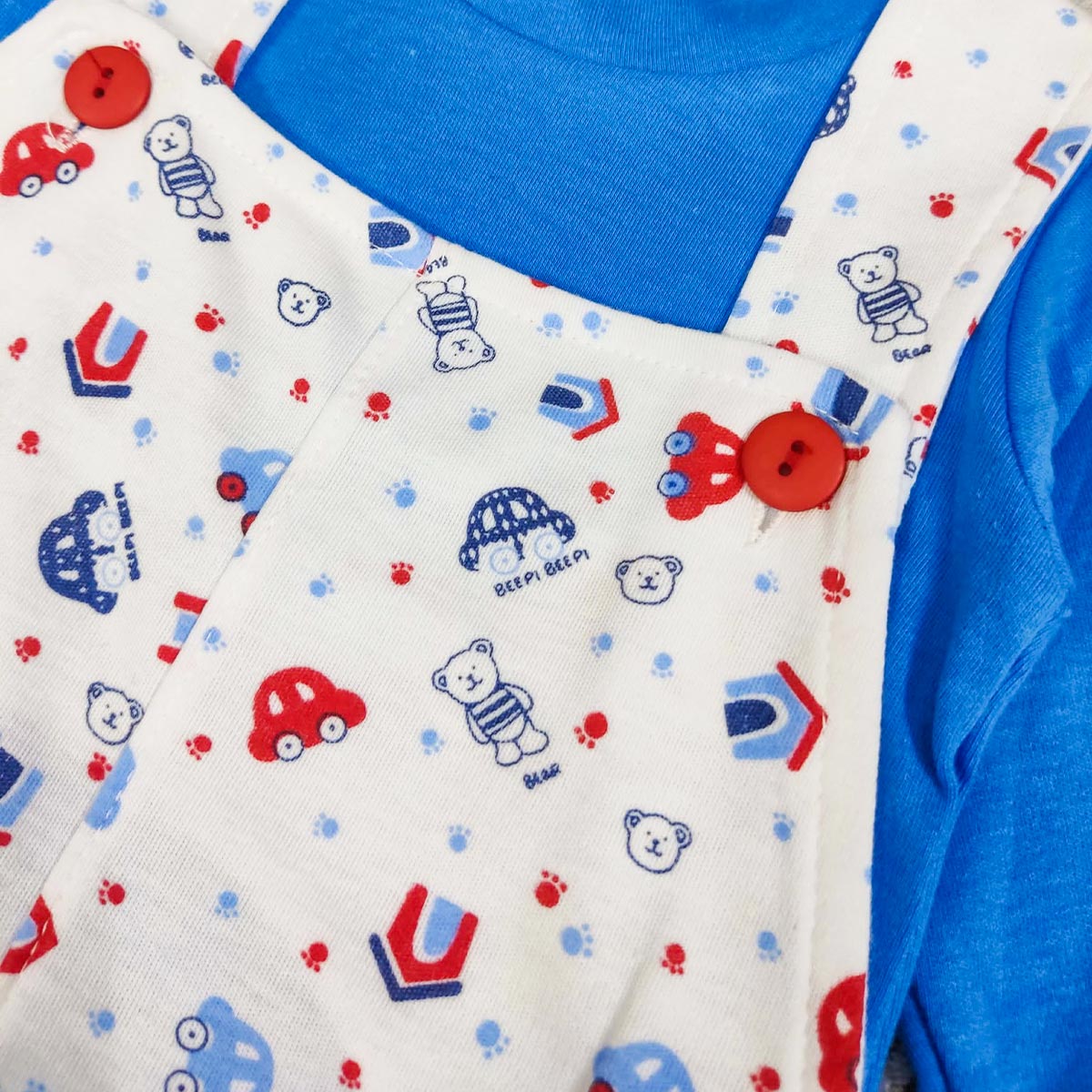 KIDS PREMIUM BLUE CAR PRINT 2 PCS DUNGAREE SET