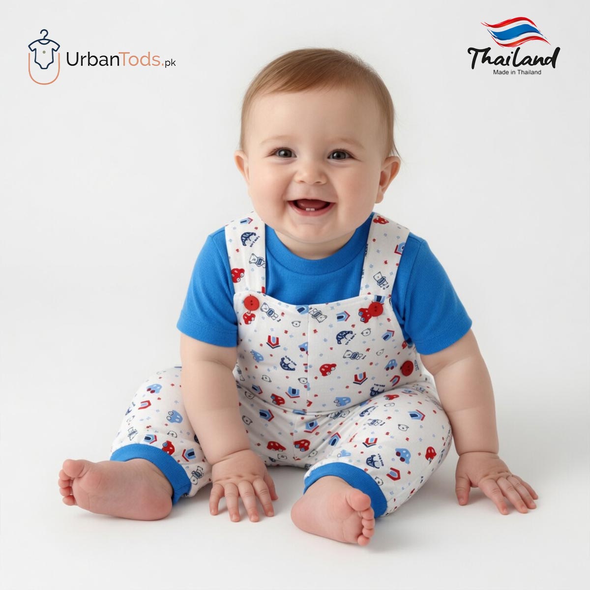 KIDS PREMIUM BLUE CAR PRINT 2 PCS DUNGAREE SET