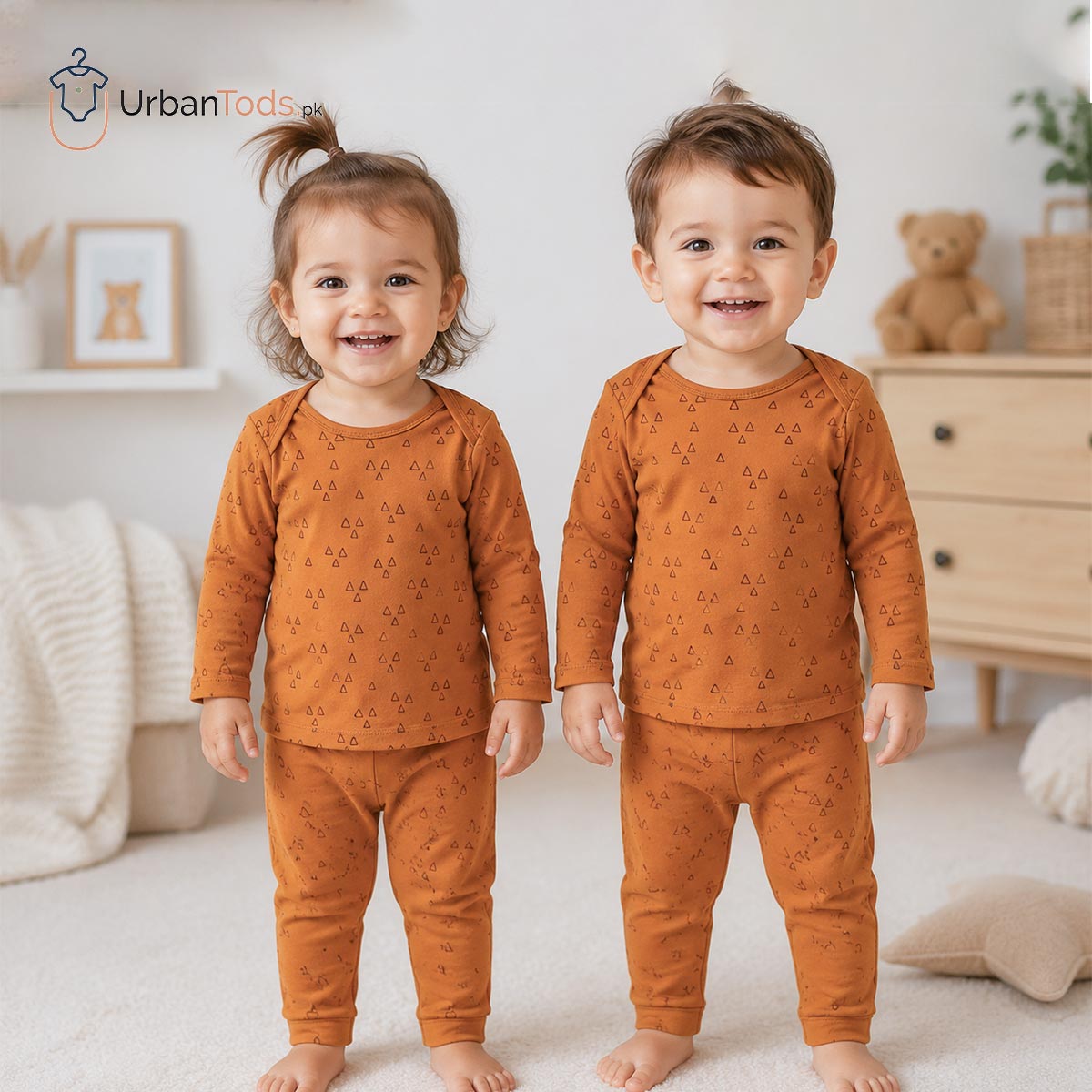 KIDS RUSTIC BROWN GEOMETRIC LONG SLEEVE T-SHIRT SET