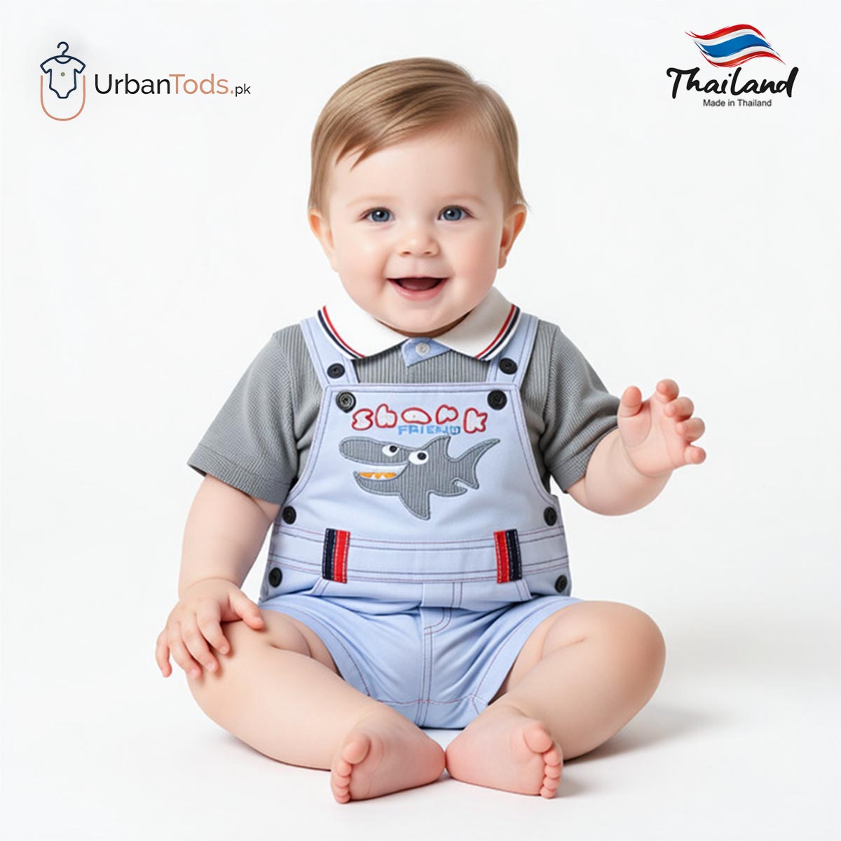 KIDS LIGHT BLUE SHARK FRIEND STRIPED POLO & OVERALL SET