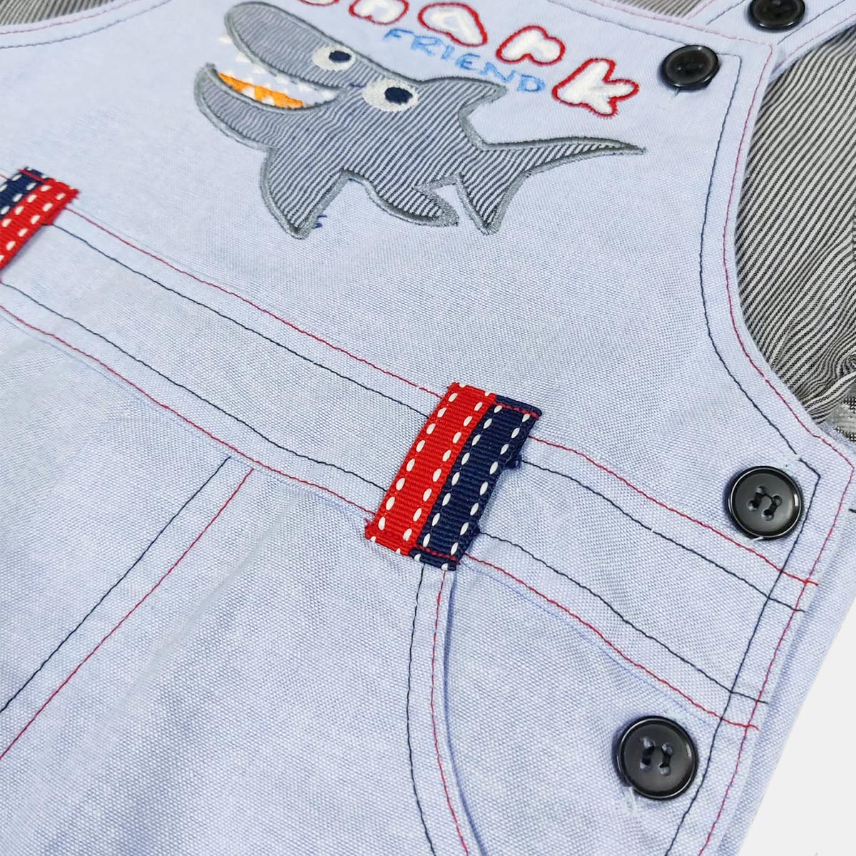 KIDS LIGHT BLUE SHARK FRIEND STRIPED POLO & OVERALL SET