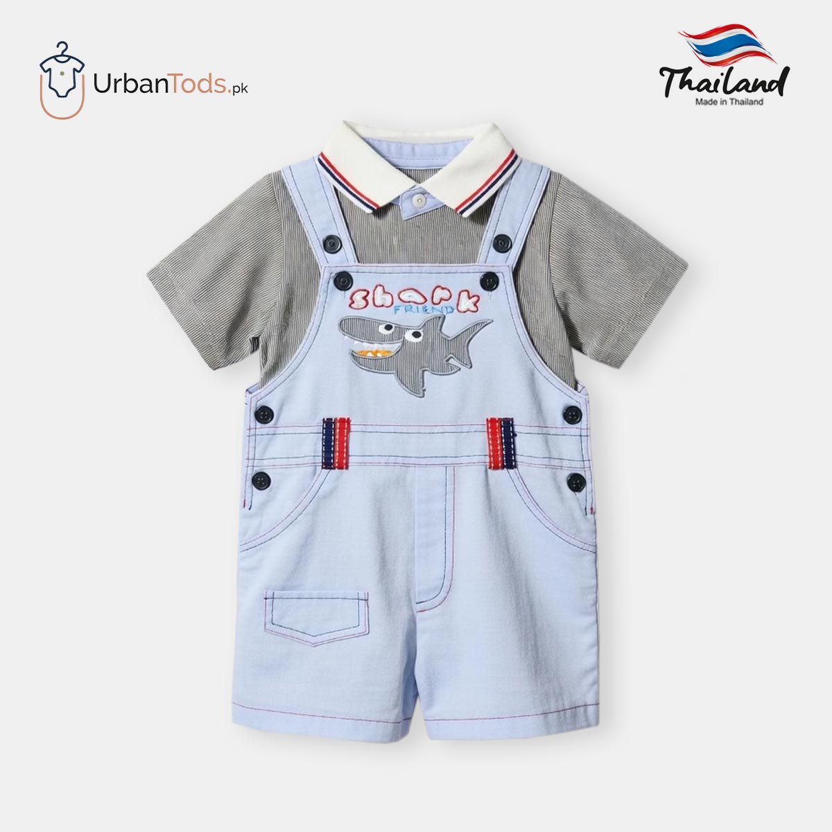 KIDS LIGHT BLUE SHARK FRIEND STRIPED POLO & OVERALL SET