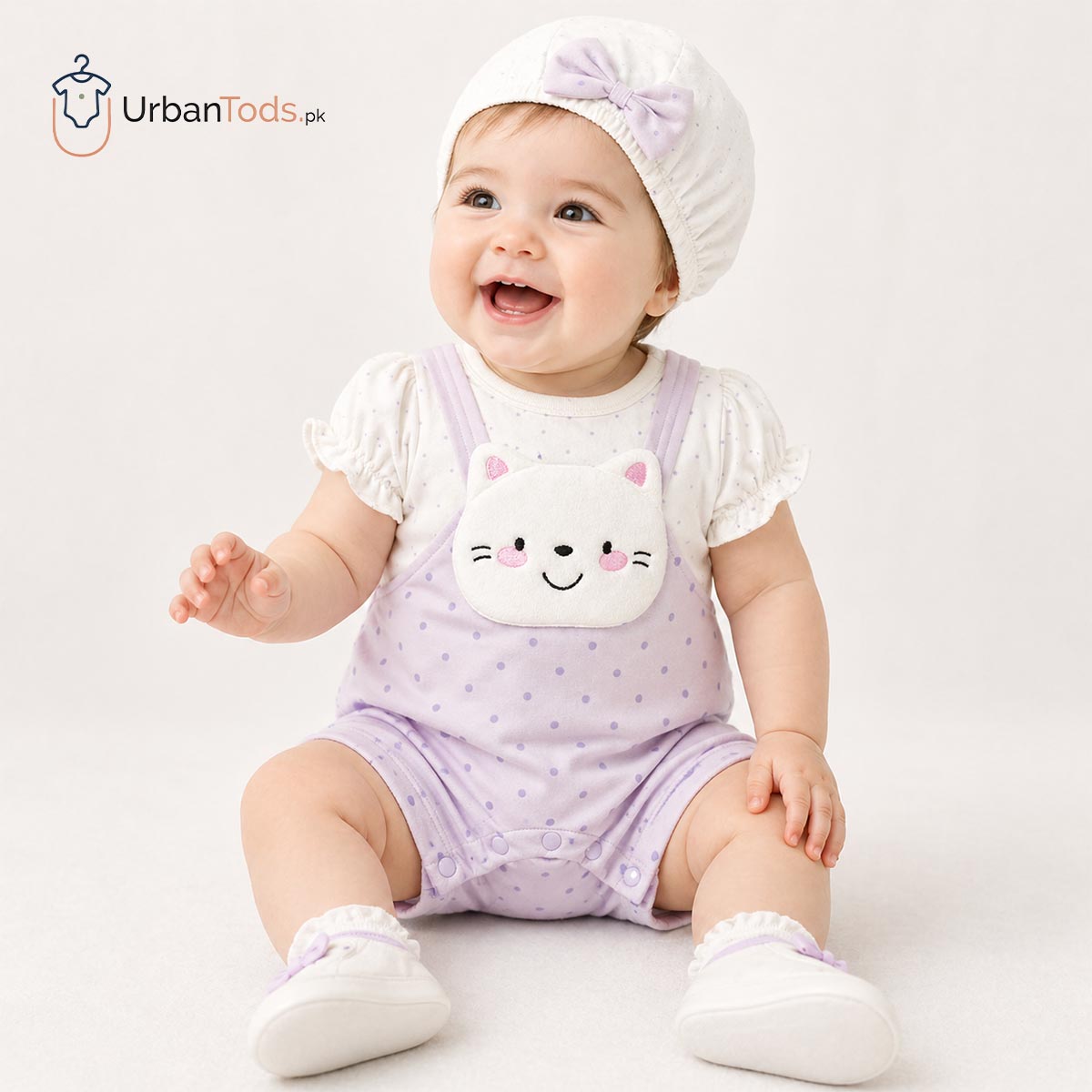 KIDS SOFT LILAC KITTY POLKA DOT ROMPER WITH CAP