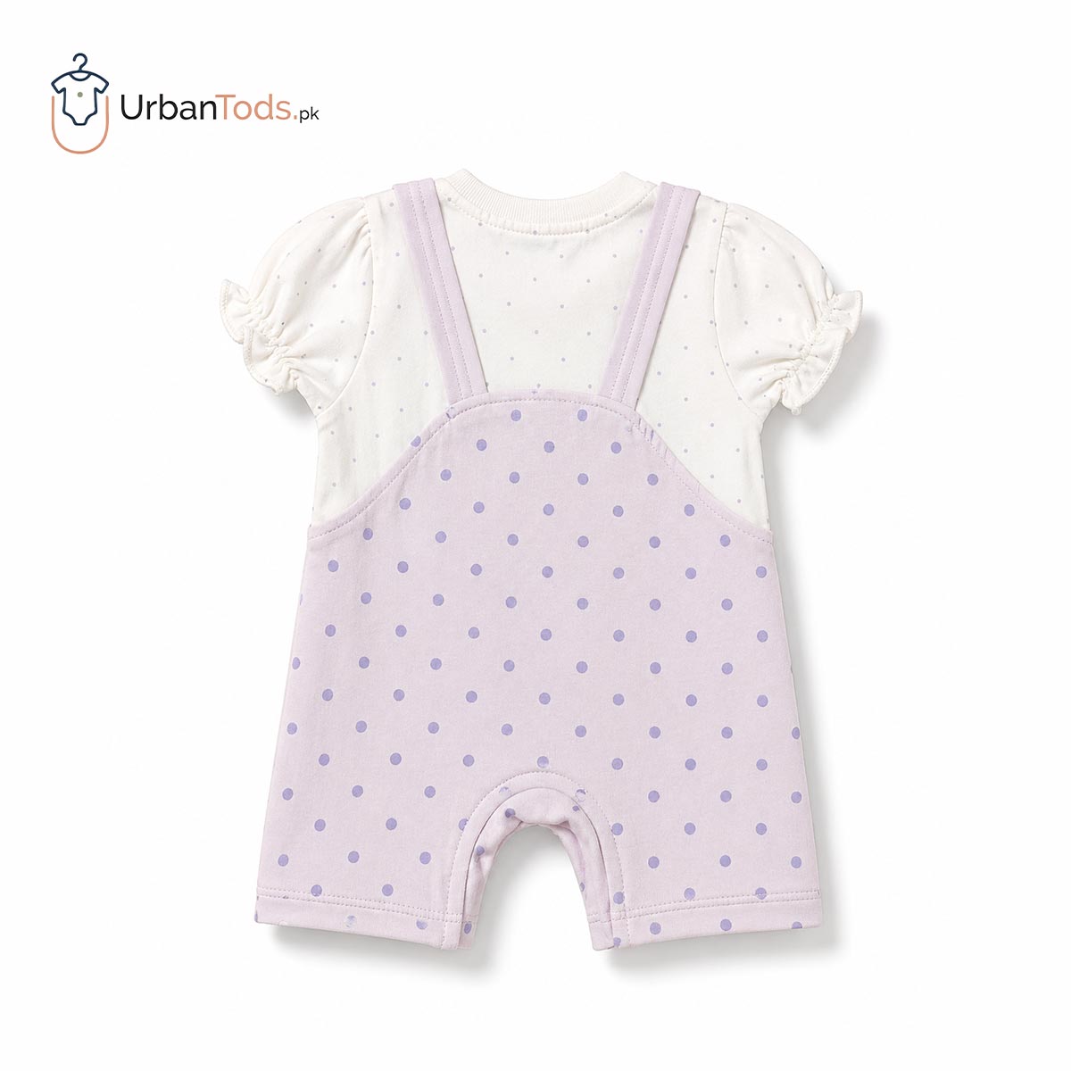 KIDS SOFT LILAC KITTY POLKA DOT ROMPER WITH CAP