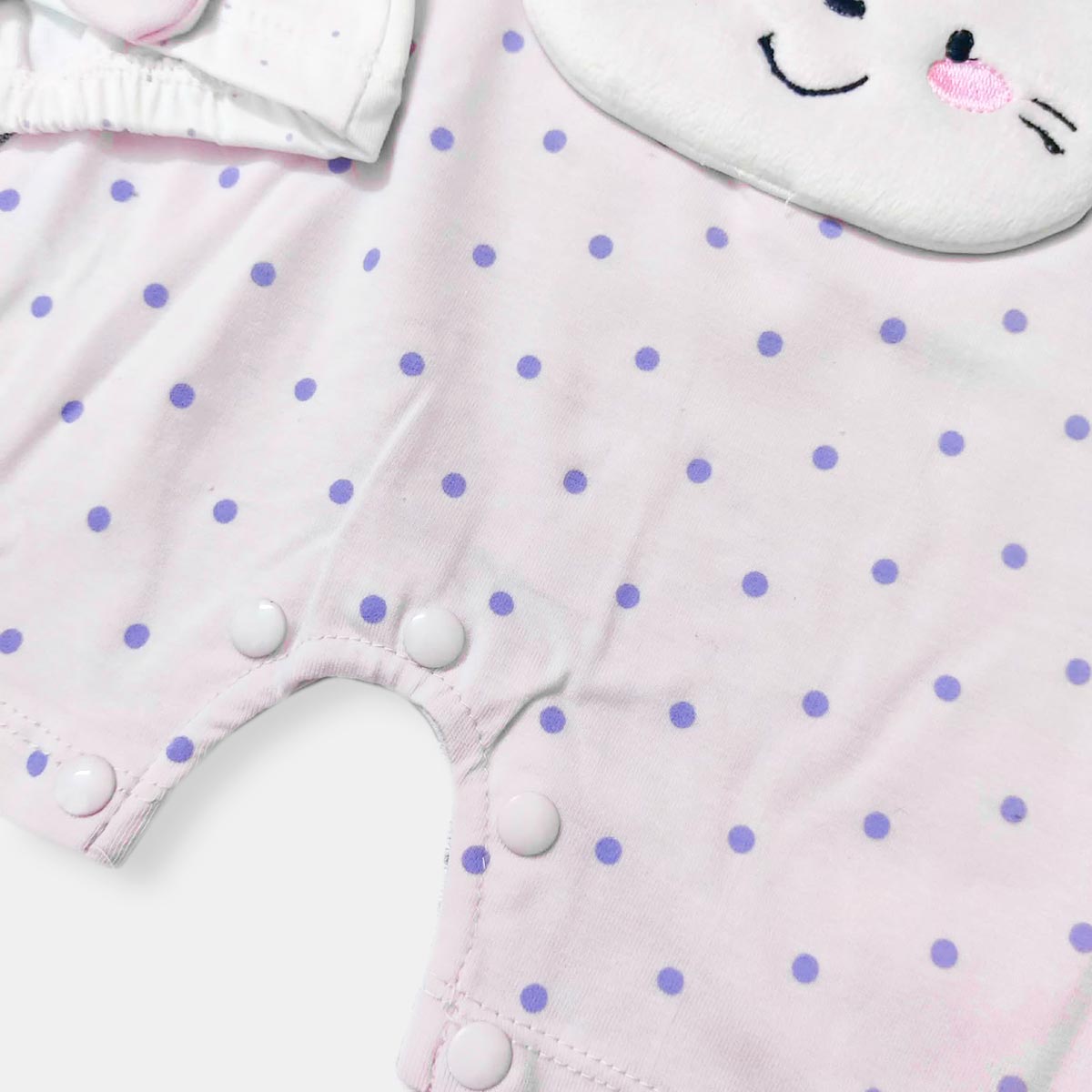 KIDS SOFT LILAC KITTY POLKA DOT ROMPER WITH CAP