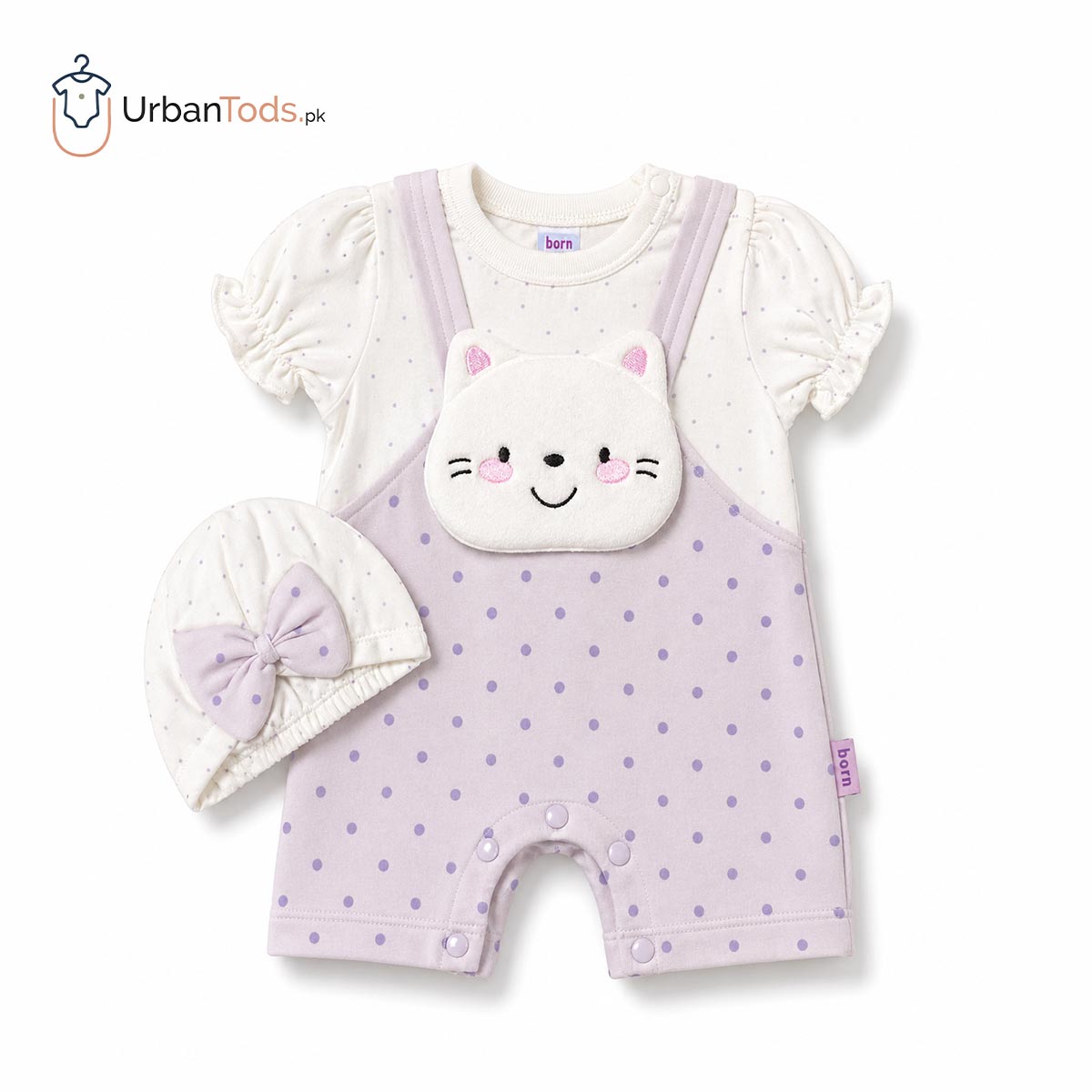 KIDS SOFT LILAC KITTY POLKA DOT ROMPER WITH CAP