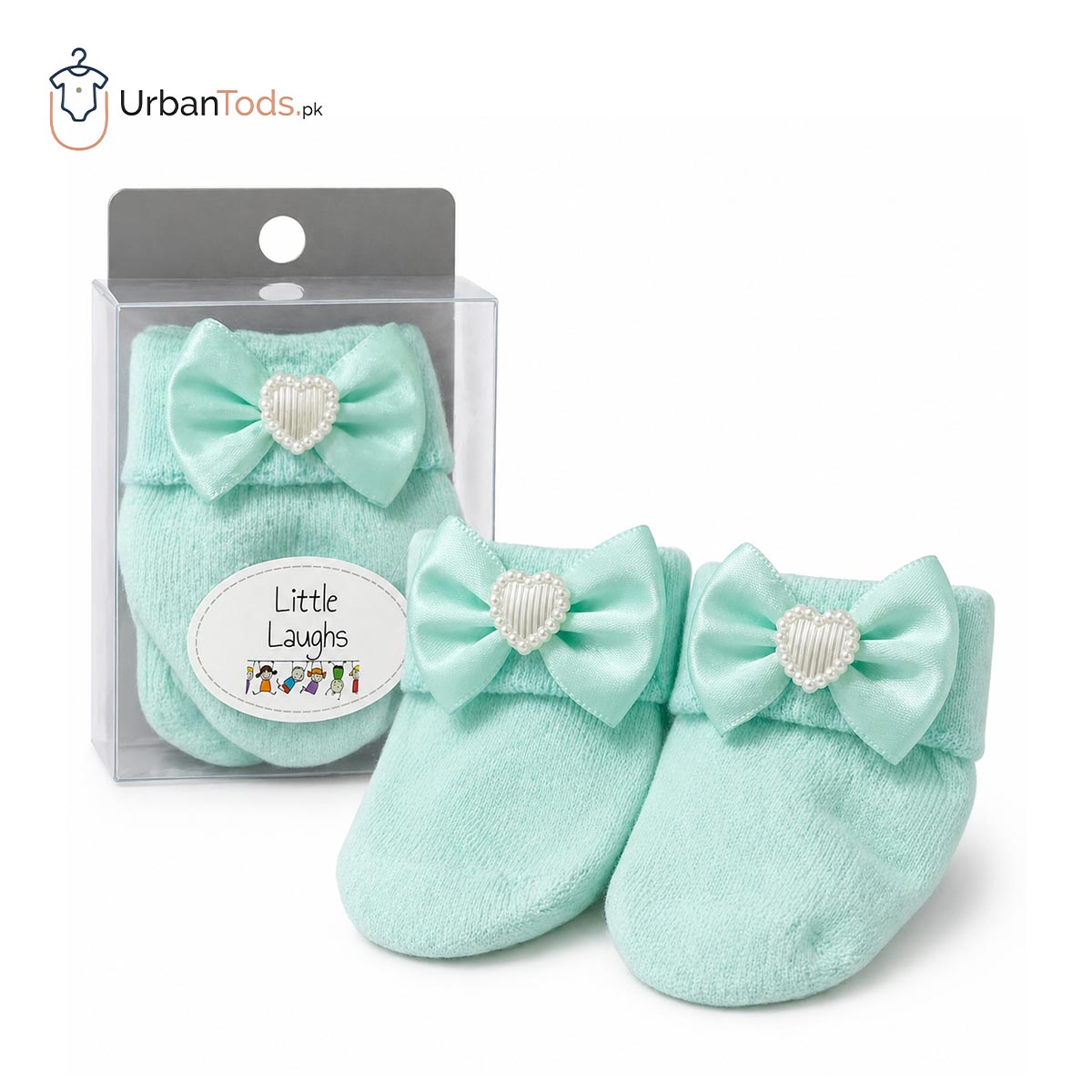LITTLE LAUGHS MINT GREEN BOW ACCENT BABY BOOTIES