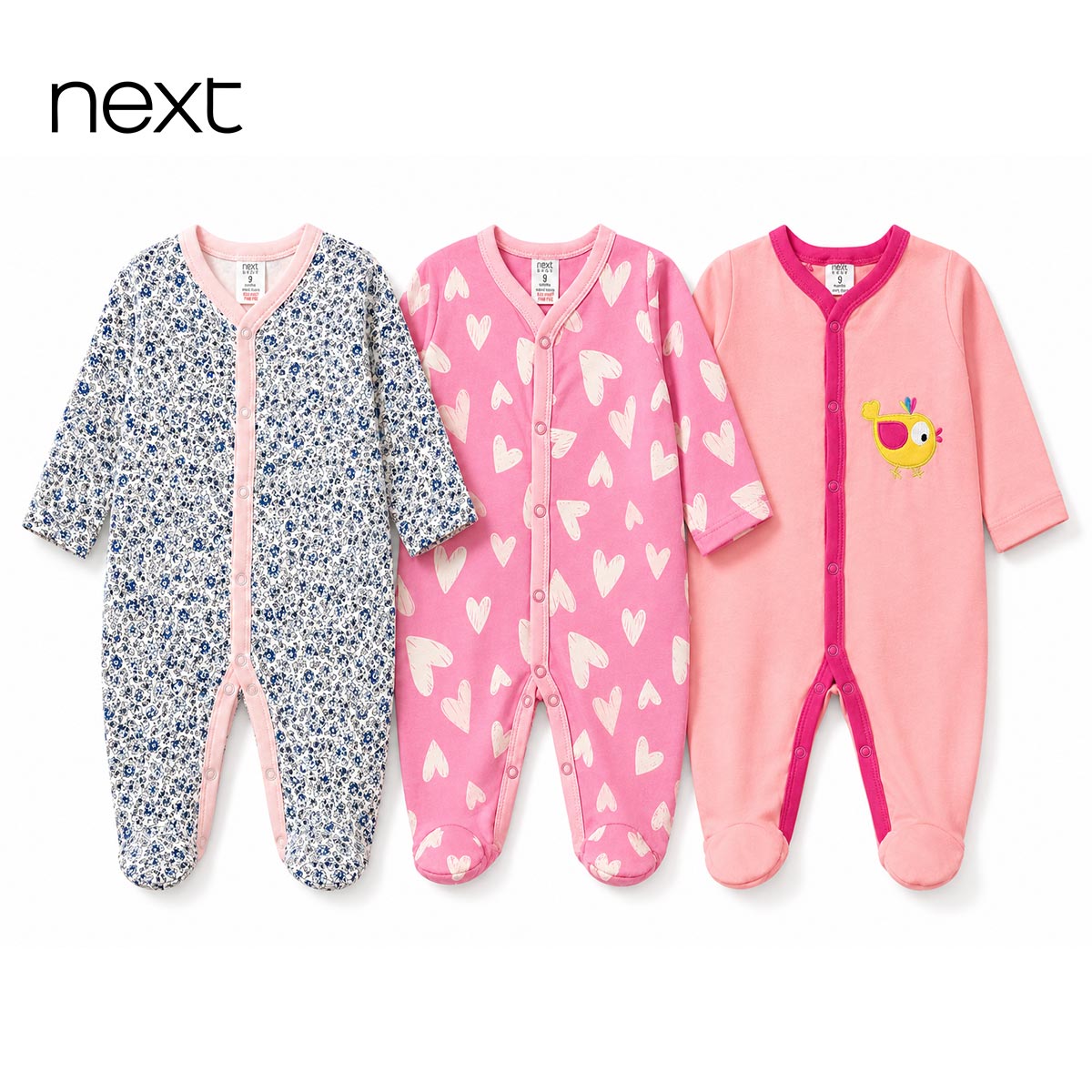 NEXT SWEET HEART & FLORAL 3 PACK SLEEPSUIT SET