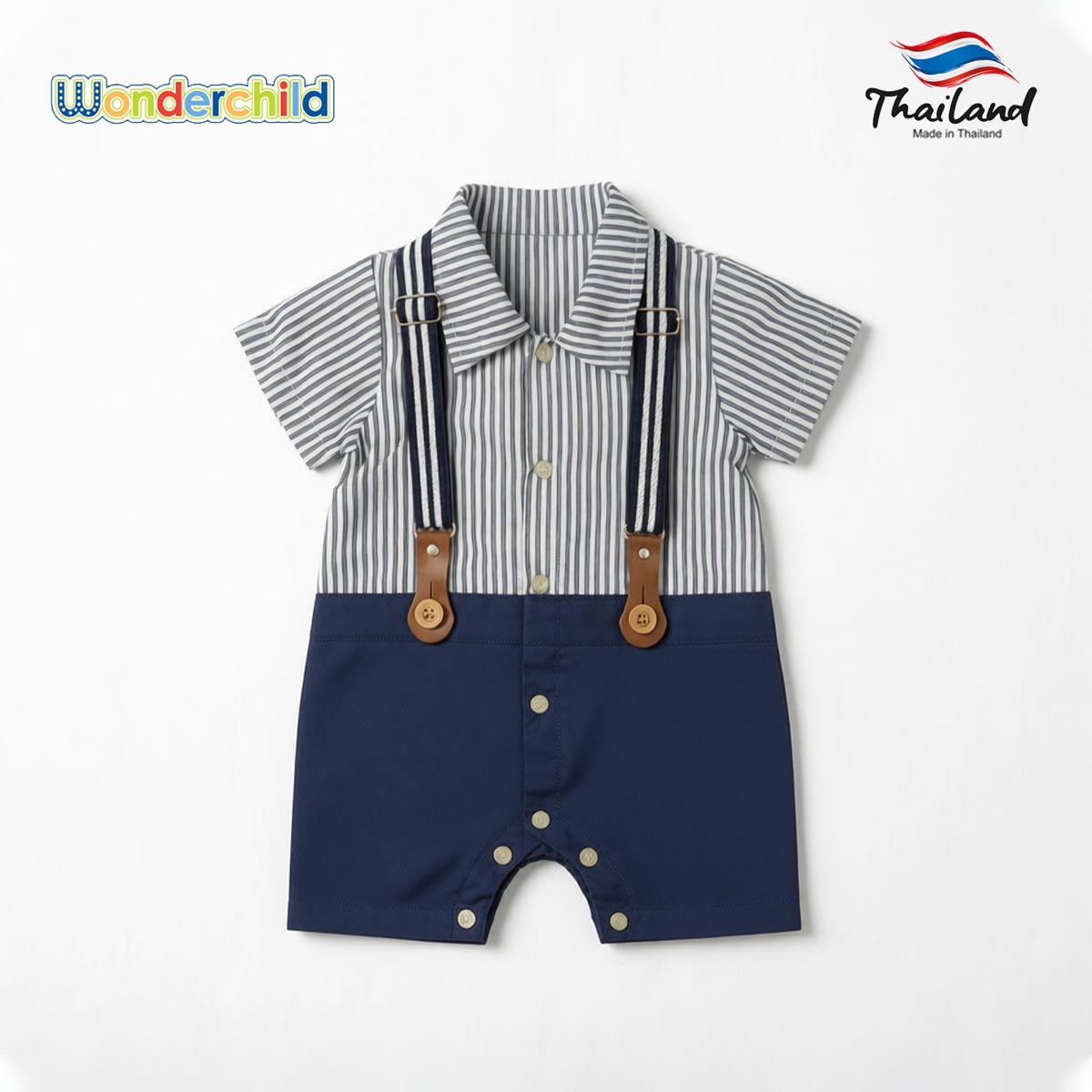 WONDERCHILD BLUE STRIPED ROMPER WITH FAUX SUSPENDERS