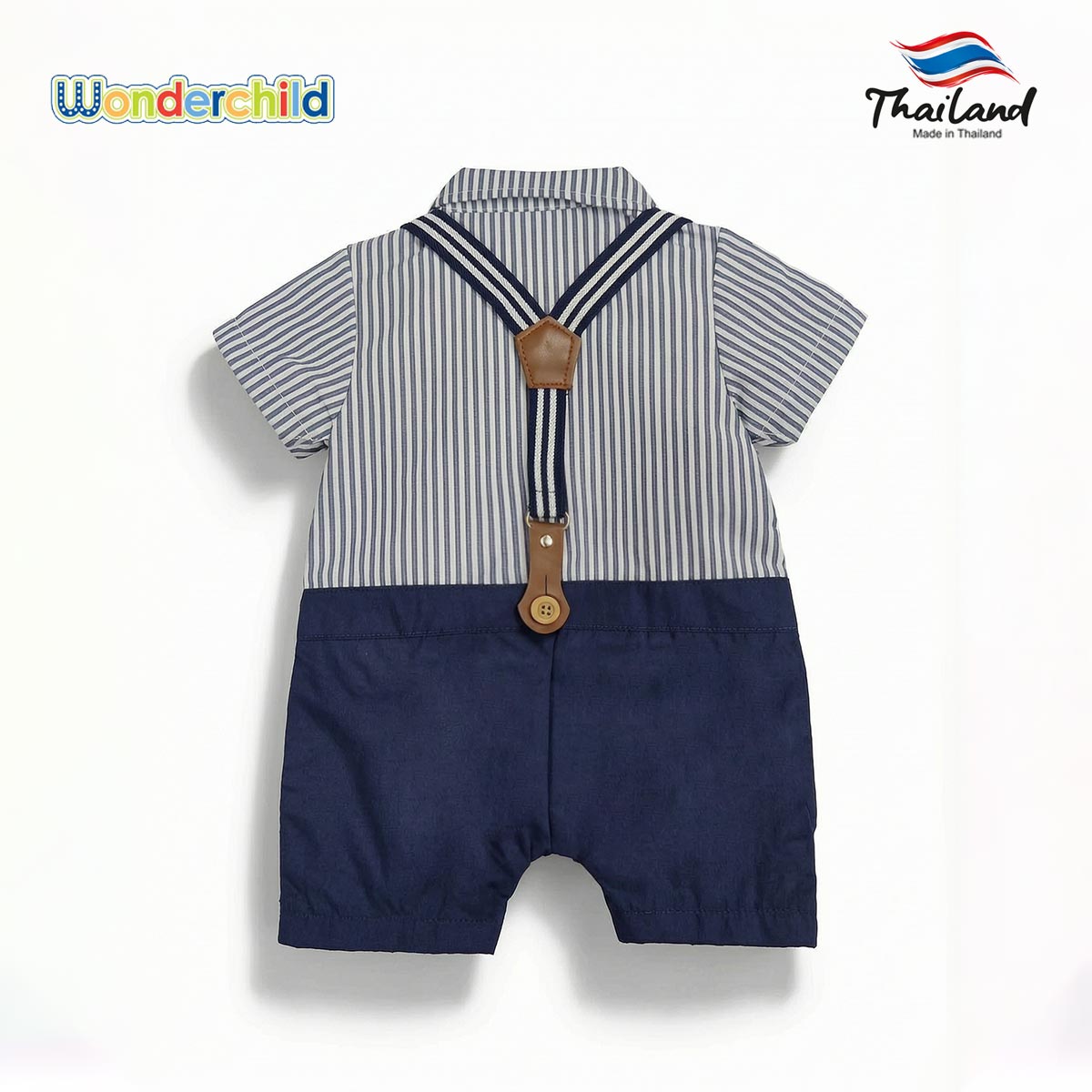 WONDERCHILD BLUE STRIPED ROMPER WITH FAUX SUSPENDERS