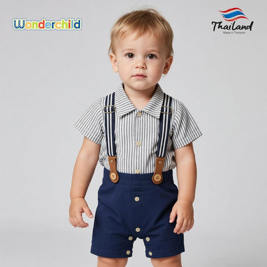 WONDERCHILD BLUE STRIPED ROMPER WITH FAUX SUSPENDERS