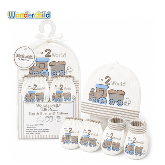 WONDERCHILD BABY TRAIN THEME CAP, BOOTIES & MITTENS 3 PCS GIFT SET